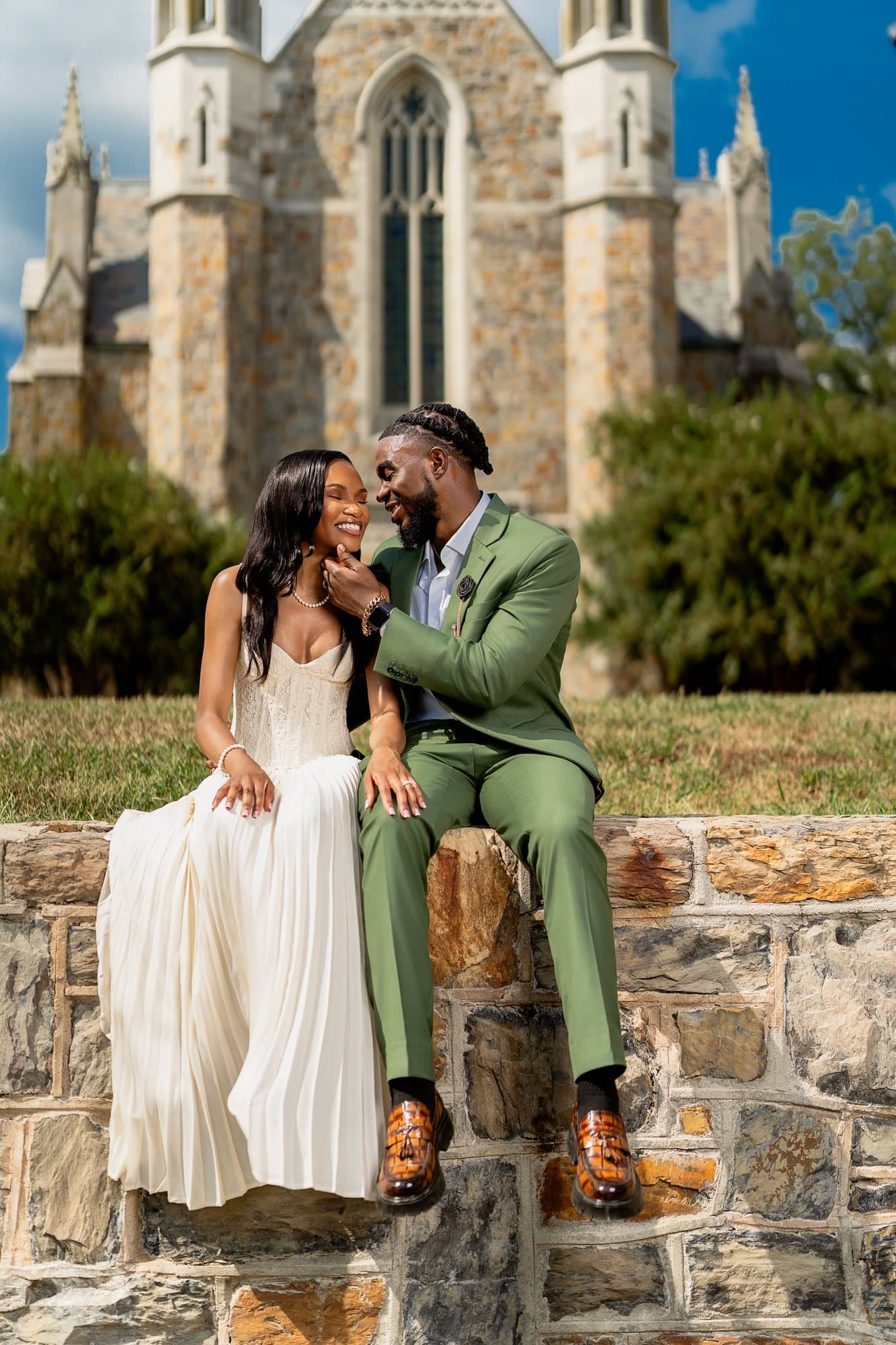 The couple against a stone wall, Berry College